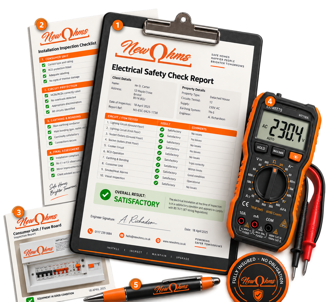 NewOhms electrical safety check report and multimeter
